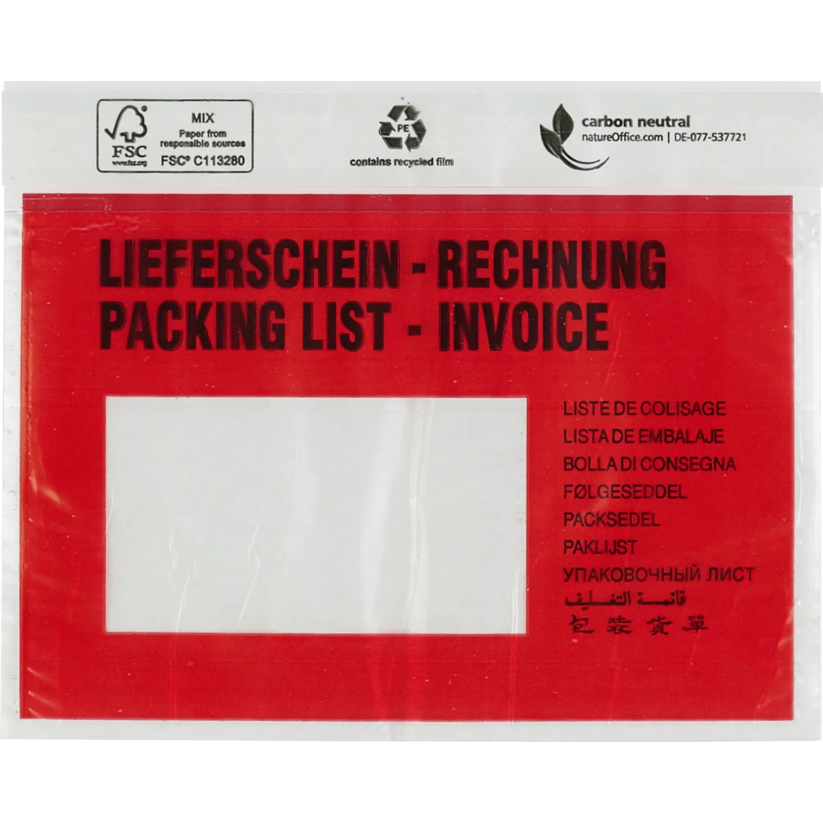 Begleitpapiertaschen 137x175 mm Haftklebend Rot 'Lieferschein - Rechnung'